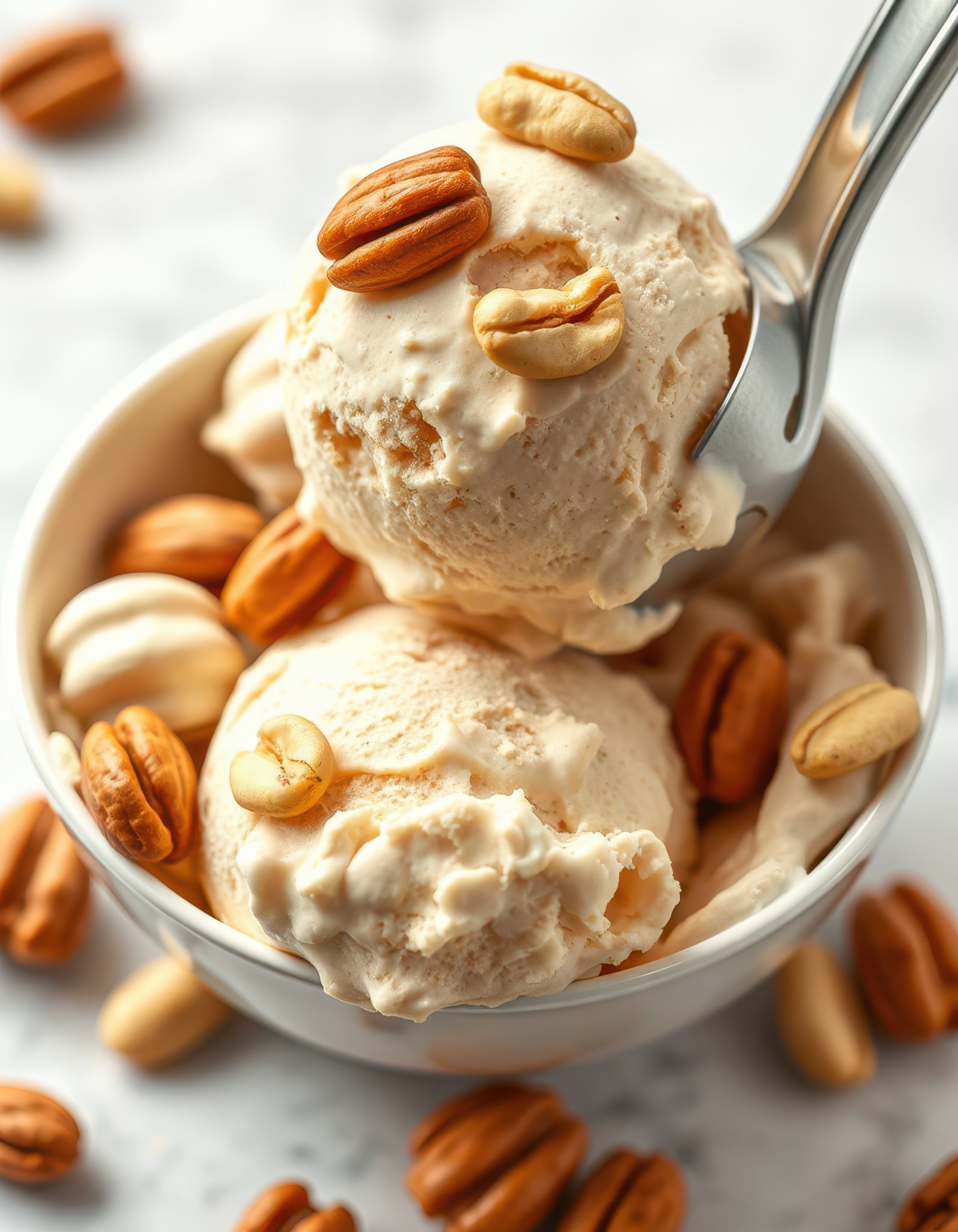 Creamy ice cream topped with crunchy pecans served in a stylish bowl